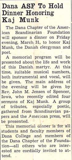 Newspaper cutting shows Dana ASF to hold dinner honoring Kaj Munk