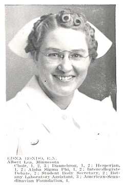 Student picture of Edna Bondo wearing a nurse's cap, 1942.