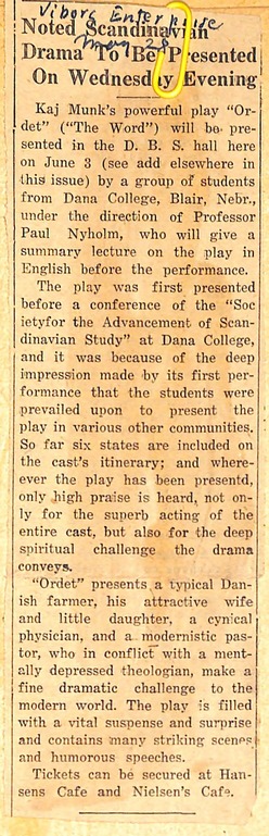 1942 newspaper announcement for the Dana College theater performance in Viborg.