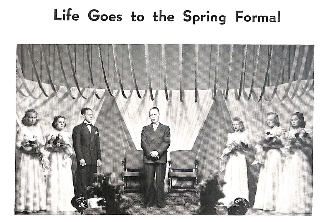 Students in white gowns at the 1942 spring formal dance at Dana College.