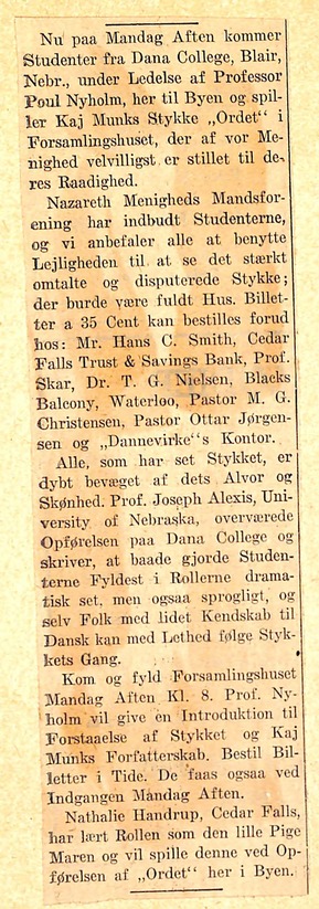Danish-language article about Dana College's theater performance in Cedar Falls, Iowa, 1942.