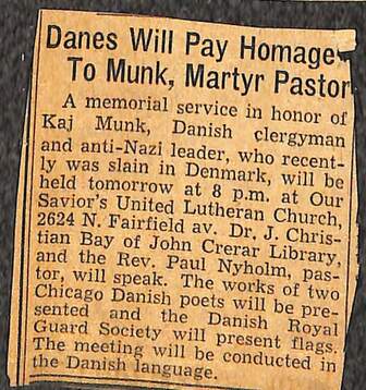 Newspaper cutting about a Chicago memorial service in honor of Kaj Munk